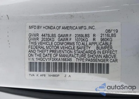 2019 Honda Accord Sport from USA, damaged, VIN 1HGCV1F3XKA168345